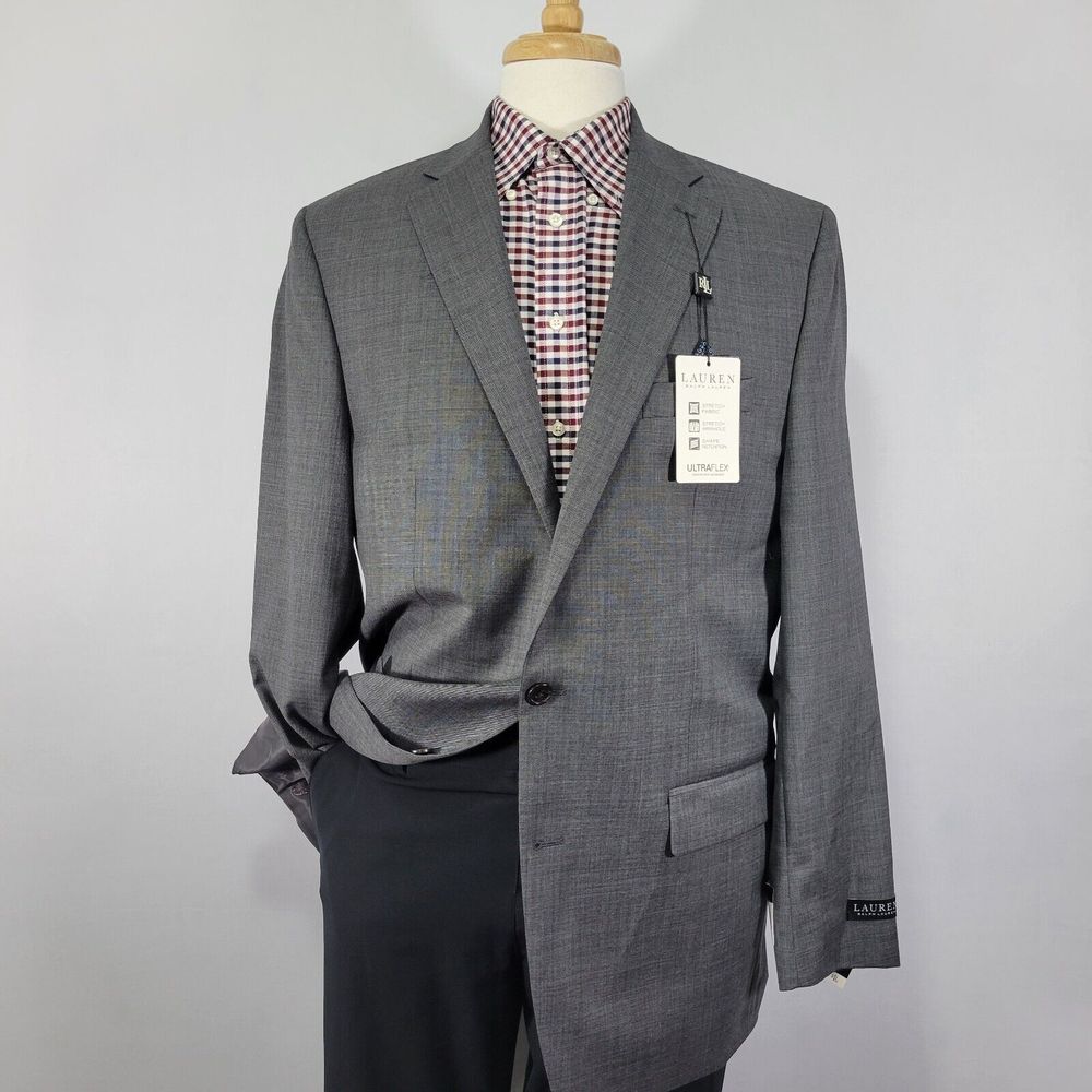 Lauren Ralph Lauren Men's Sport Coat Blazer Two Button Gray Wool‎ Stretch 44XL